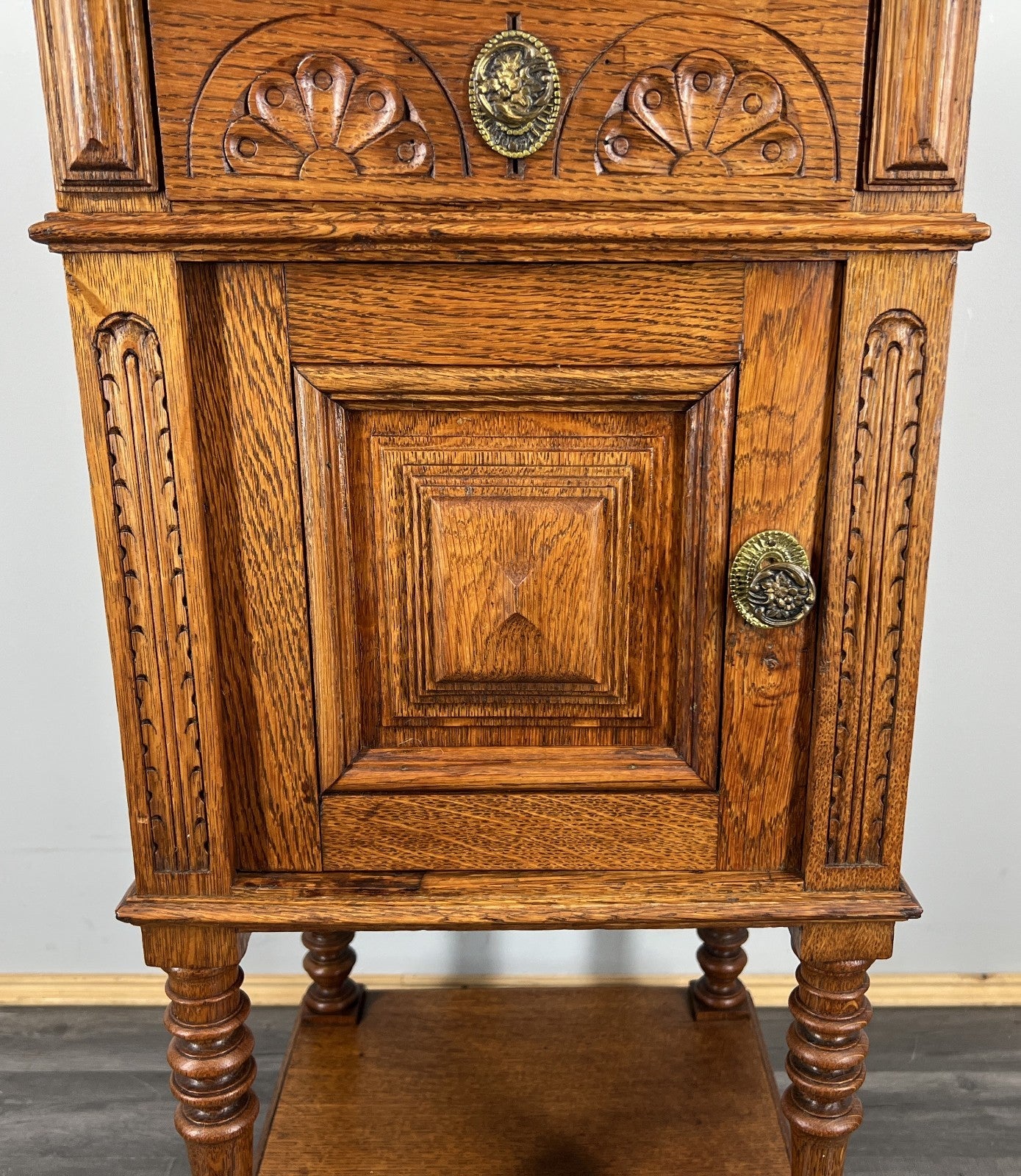 Bedside Table Antique French Oak with Marble Top Carved Cabinet LOT 43354
