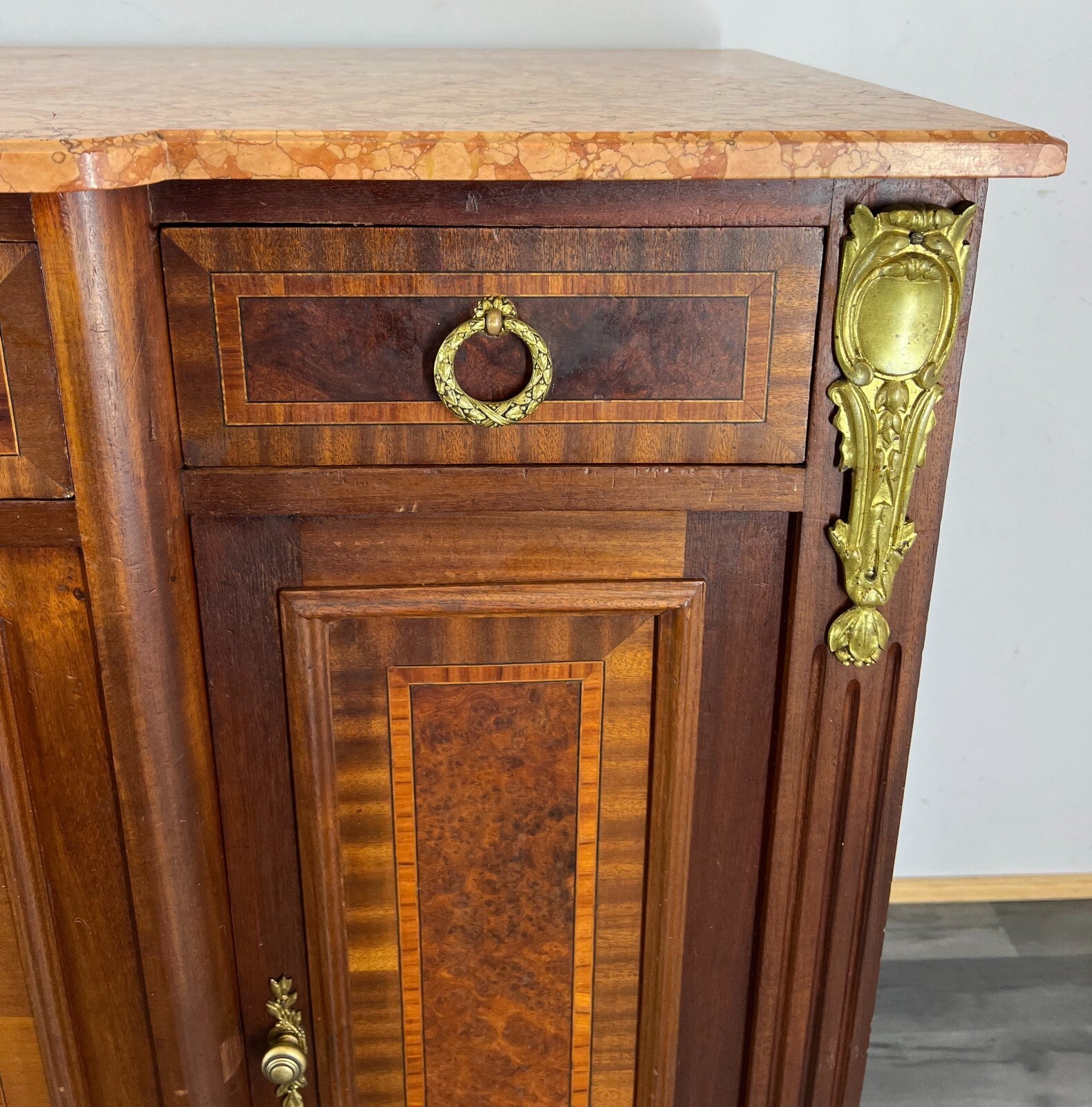 Sideboard Antique French Marble Top Inlaid Brass Detail Carved Cabinet LOT 23826