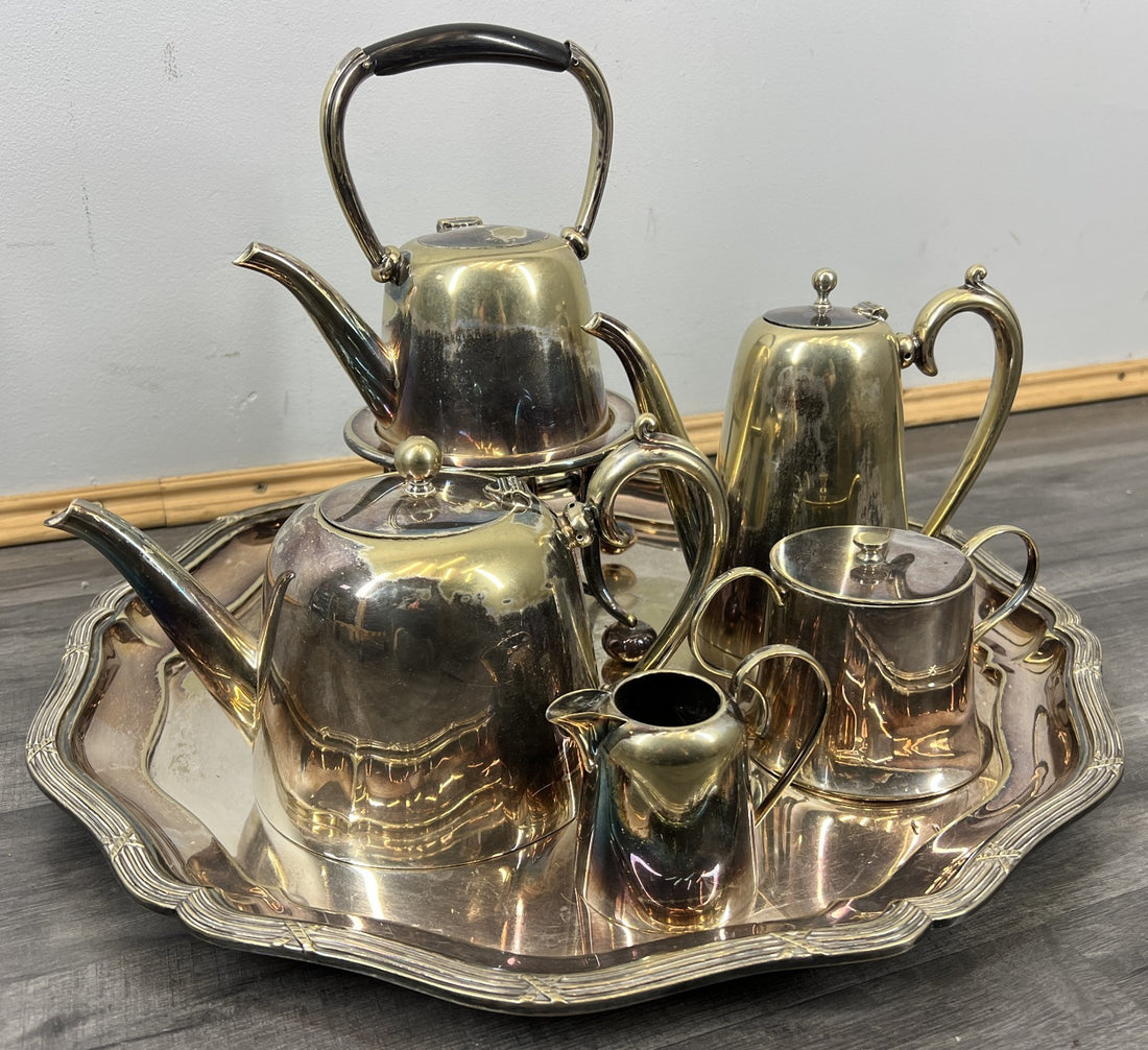 Vintage French Tea and Coffee Set Silver Plated 6-Piece with Tray LOT 44170