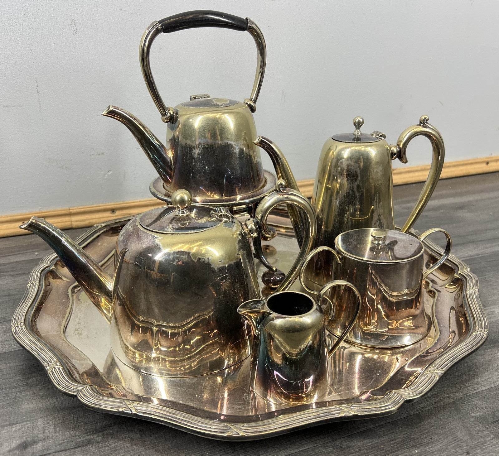 Vintage French Tea and Coffee Set Silver Plated 6-Piece with Tray LOT 44171