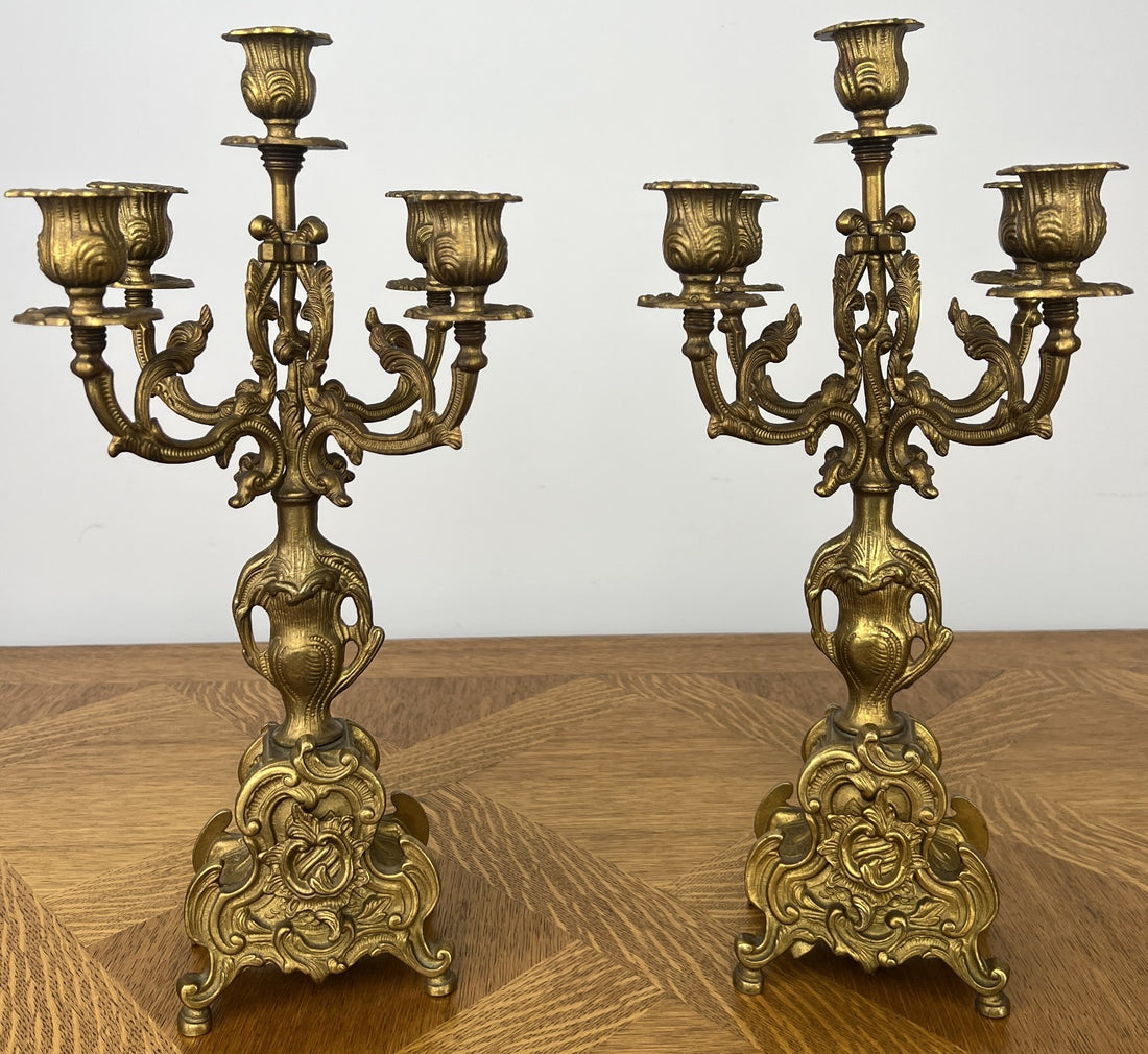 Candelabras Vintage French Brass Pair Ornate 5 Arm Candle Holders LOT 60440