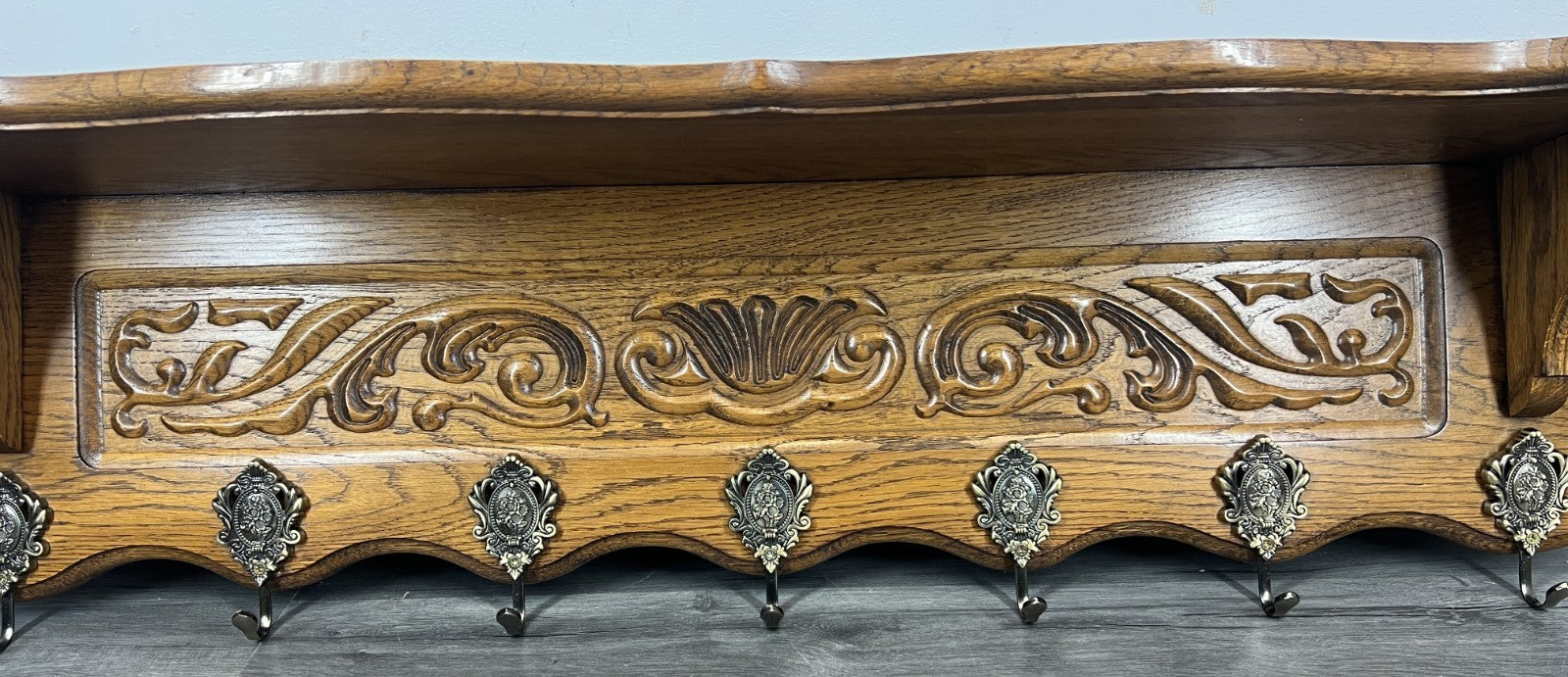 French Vintage Coat Rack Oak 7 Hooks Wall Shelf Carved Coat Hanger LOT 44932