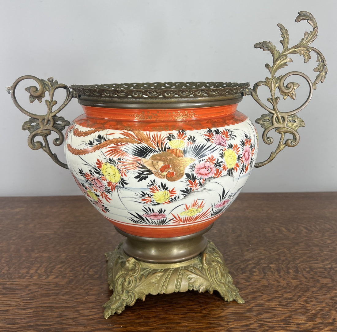 Vase Vintage French Style Porcelain Urn Brass Handles Decorative LOT 47670