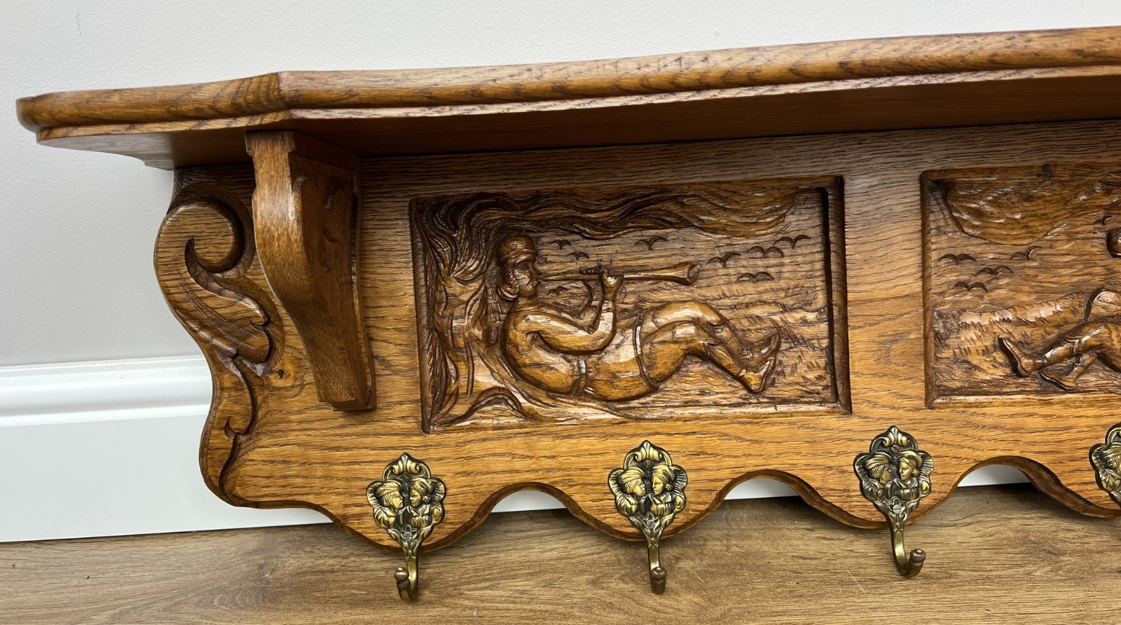 French Vintage Coat Rack Oak 5 Hooks Wall Shelf Carved Coat Hanger LOT 49044