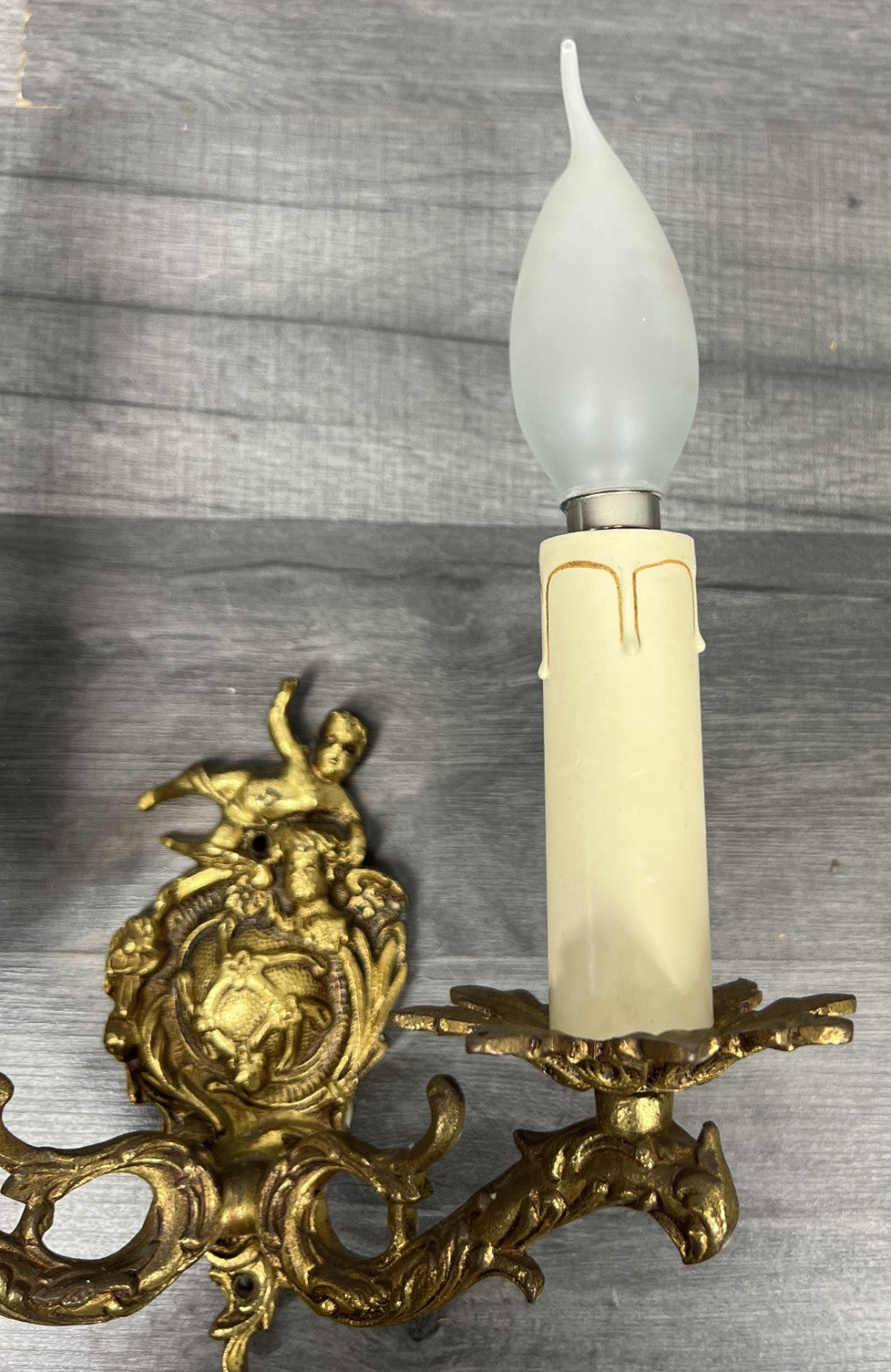 Vintage French Wall Light Brass Cherub Double Arm Rococo Sconce LOT 44114