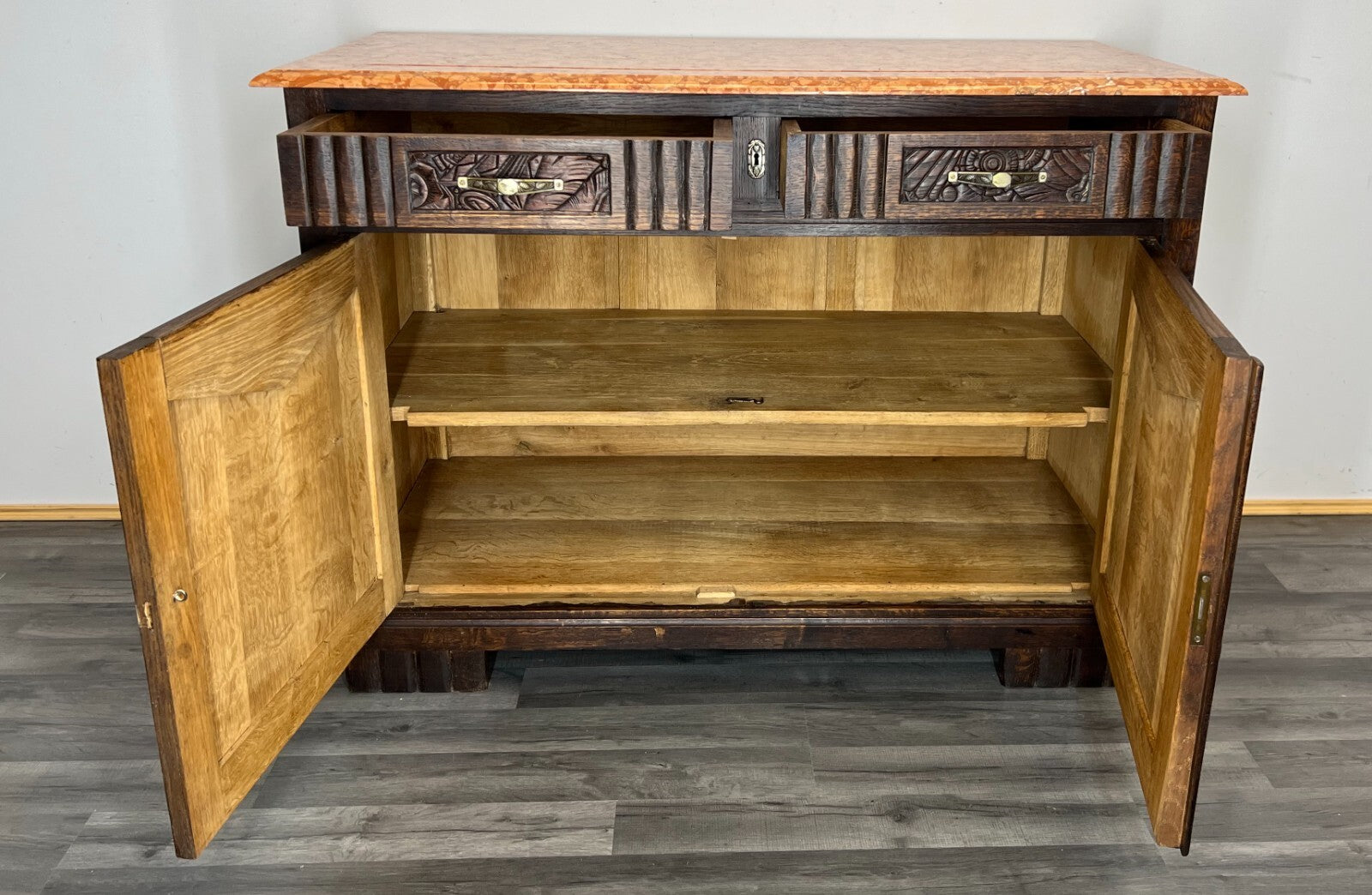 Sideboard Antique French Oak Marble Top Carved Two Door Cabinet LOT 222712