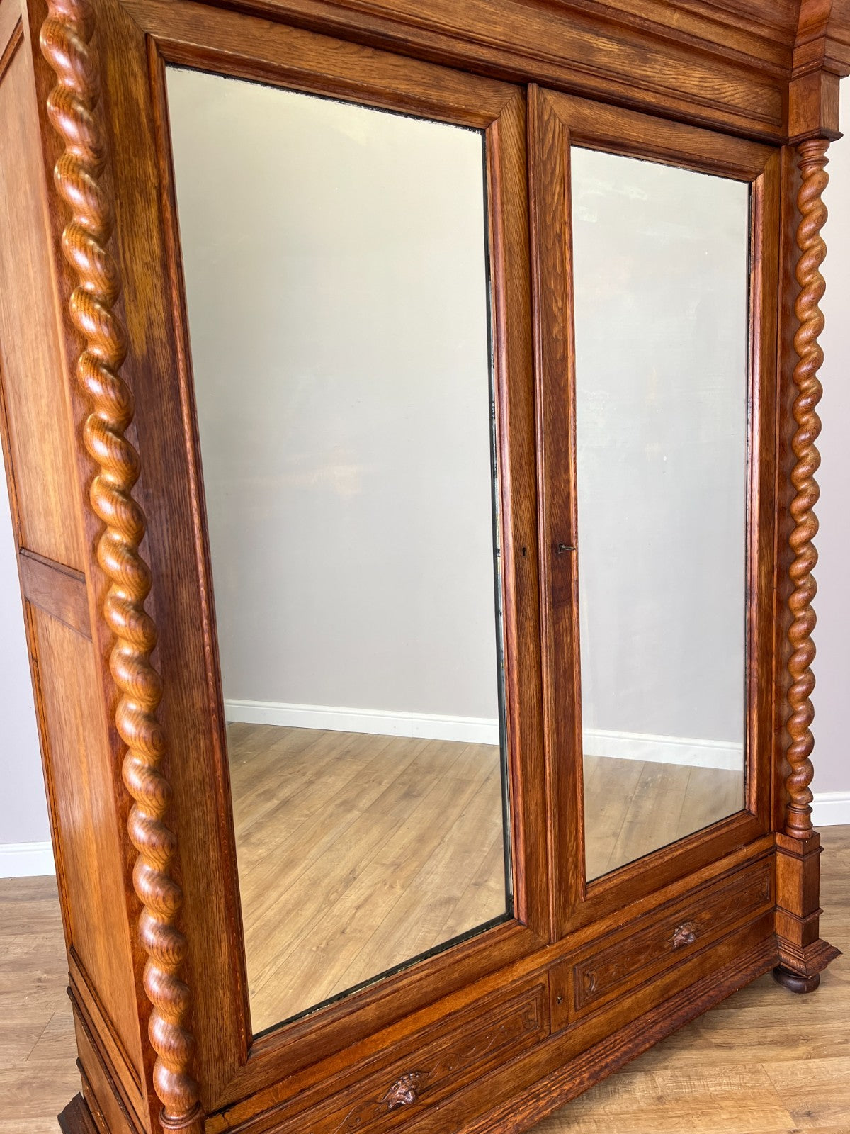 Wardrobe Antique French Oak Two Door Mirrored Carved Armoire Cabinet LOT 612412