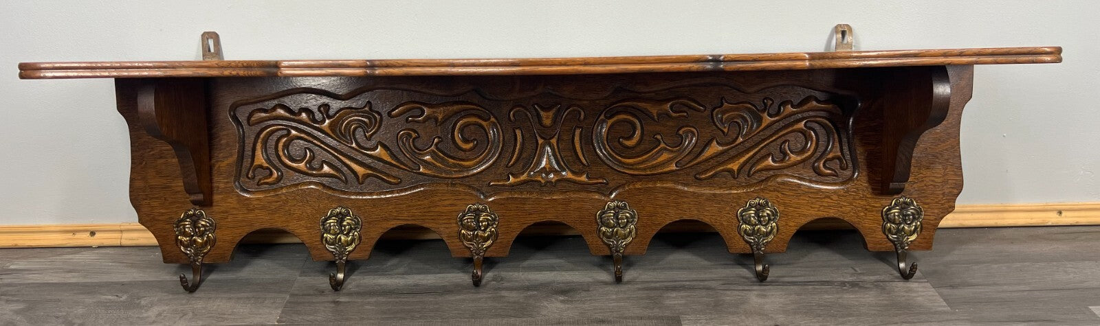 Coat Rack Antique French Style Oak Wall Shelf 6 Hooks Carved Hall Stand LOT 35113