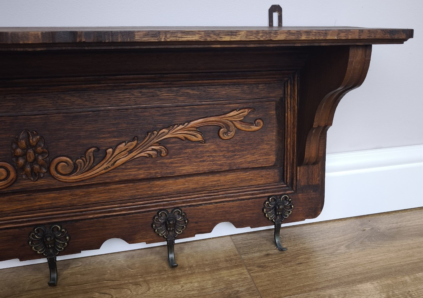 French Vintage Coat Rack Oak 5 Hooks Wall Shelf Carved Coat Hanger LOT 49994
