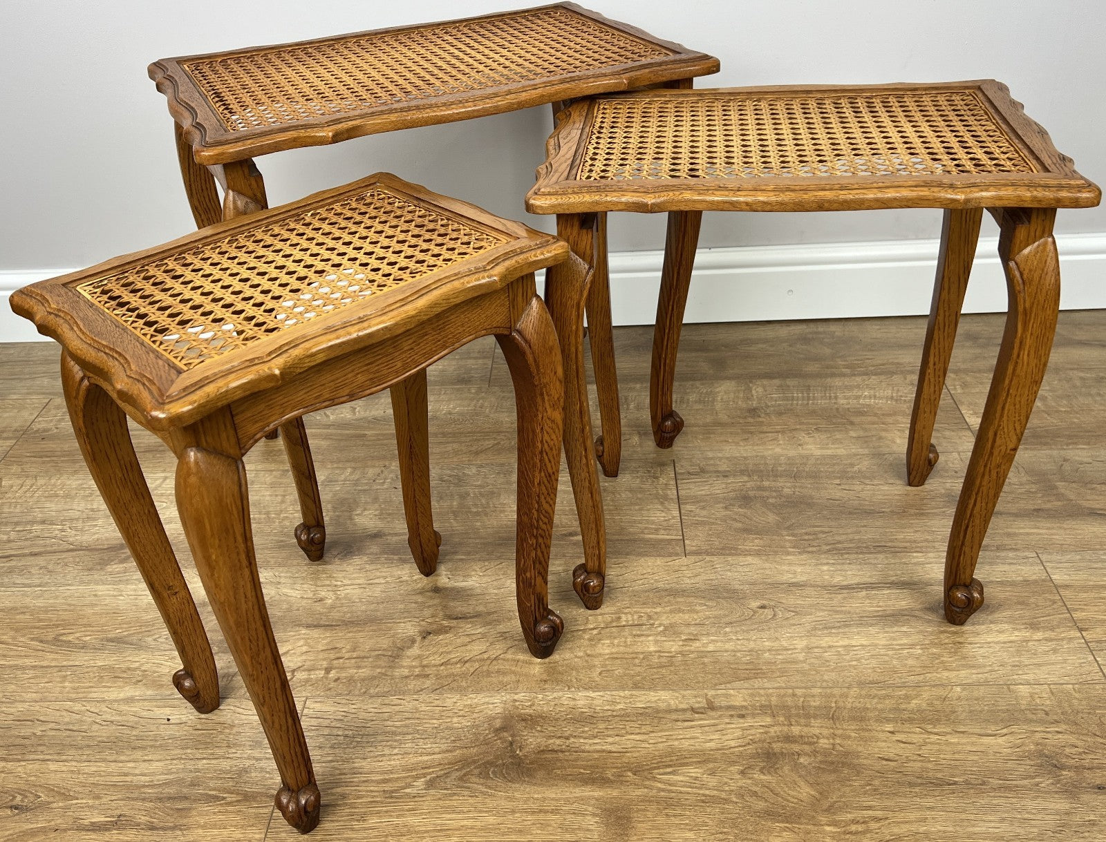 Vintage French Louis Oak Cane Set of Three Nested Carved Tables LOT 49092