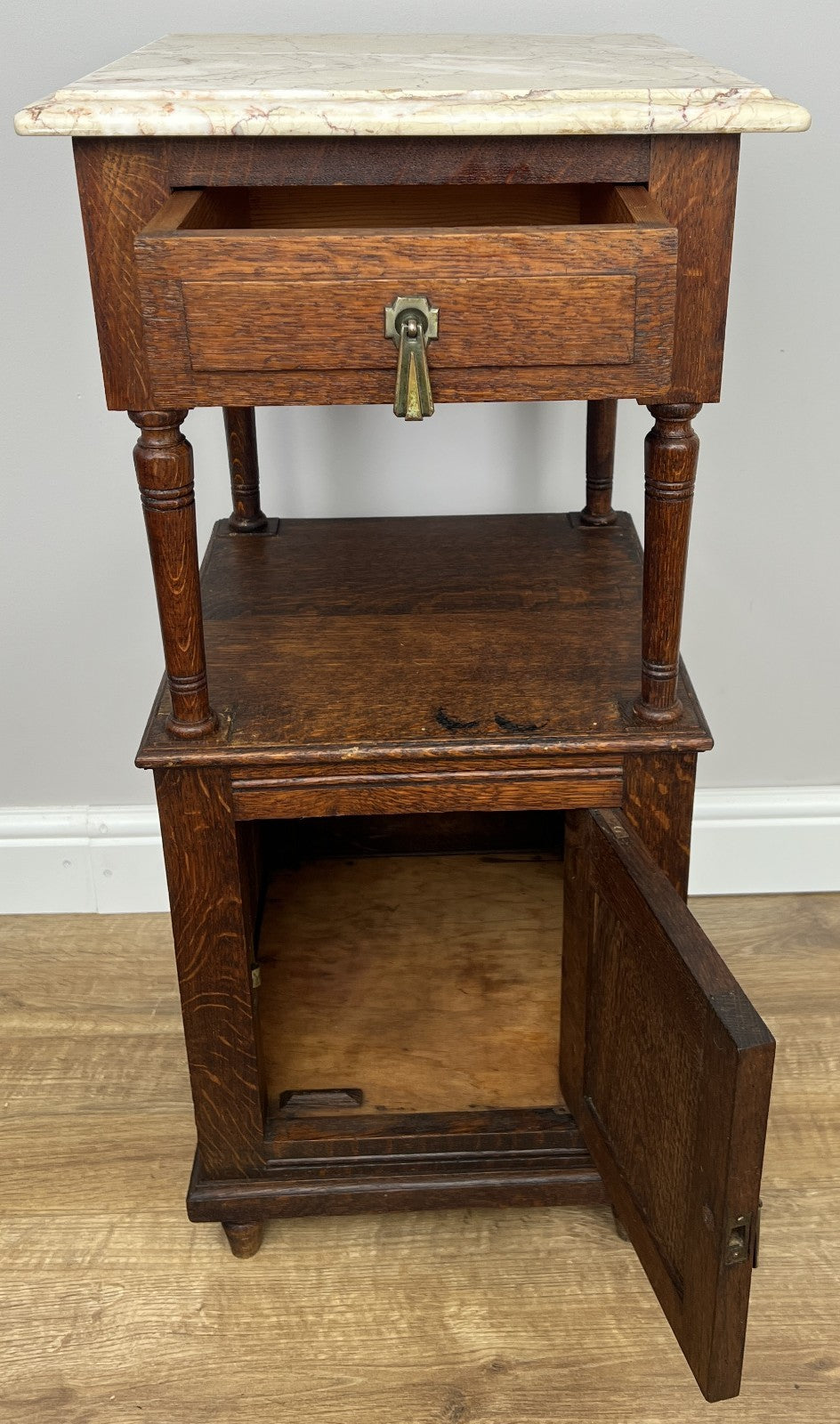Pair of Bedside Tables Antique French Marble Top Carved Oak Cabinets LOT 491810