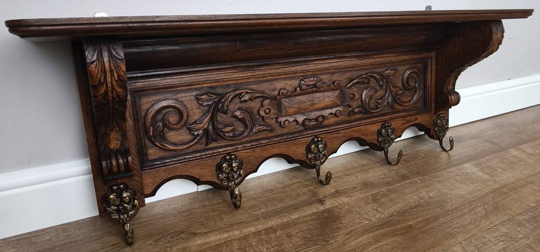 French Vintage Coat Rack Oak 5 Hooks Wall Shelf Carved Coat Hanger LOT 49980