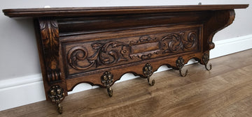 French Vintage Coat Rack Oak 5 Hooks Wall Shelf Carved Coat Hanger LOT 49980