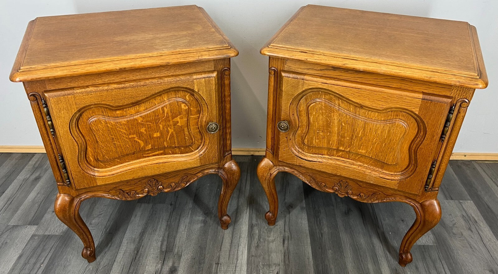 Pair of Bedside Tables Vintage French Louis Oak Nightstands Cabinets LOT 34690