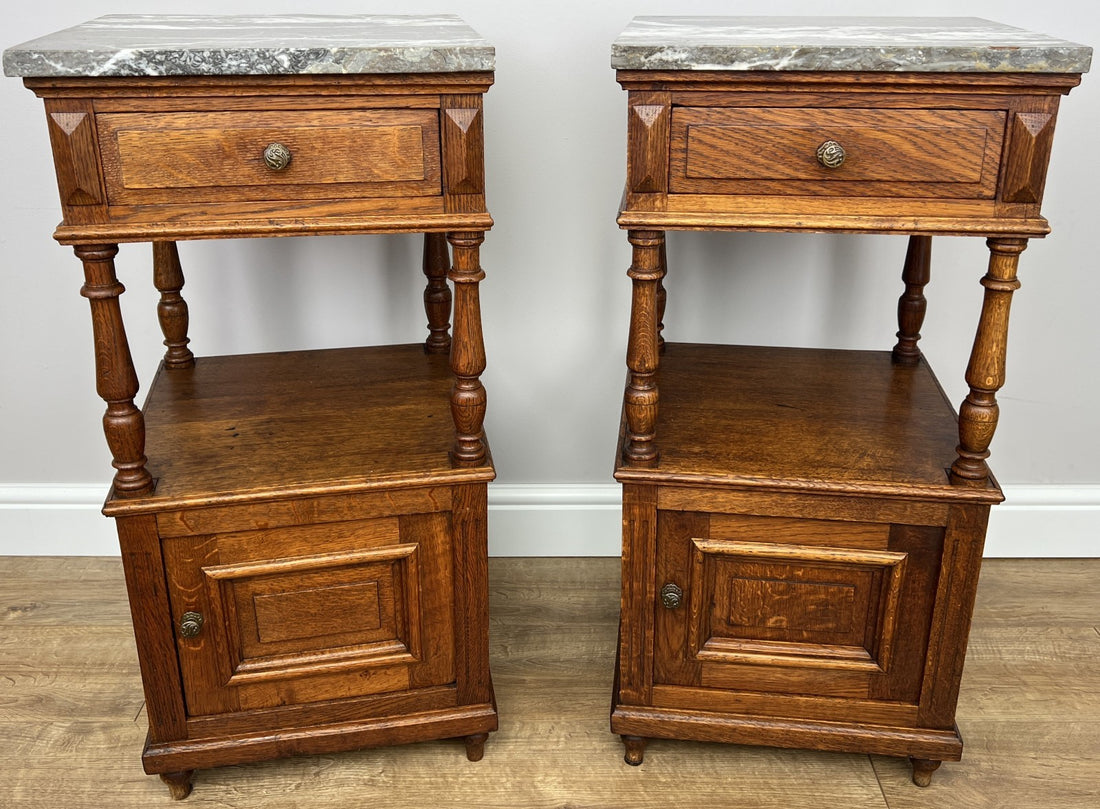 Pair of Bedside Tables Antique French Marble Top Carved Oak Cabinets LOT 49170