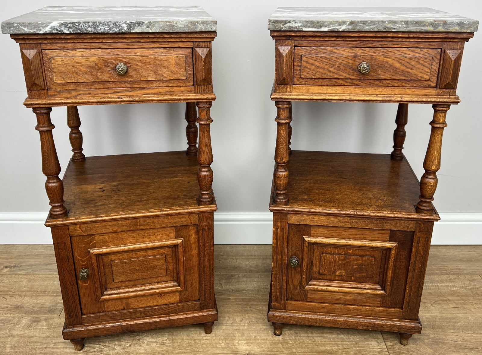 Pair of Bedside Tables Antique French Marble Top Carved Oak Cabinets LOT 49171