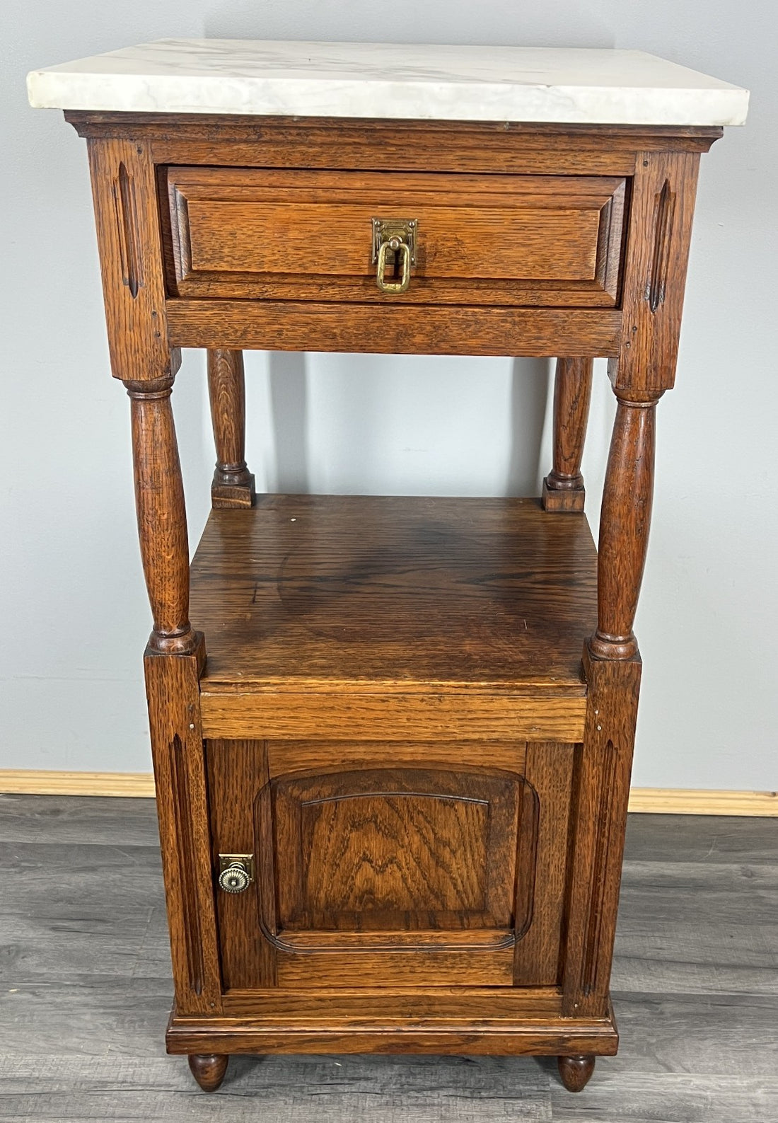 Bedside Table Antique French Oak with Marble Top Carved Cabinet LOT 43360