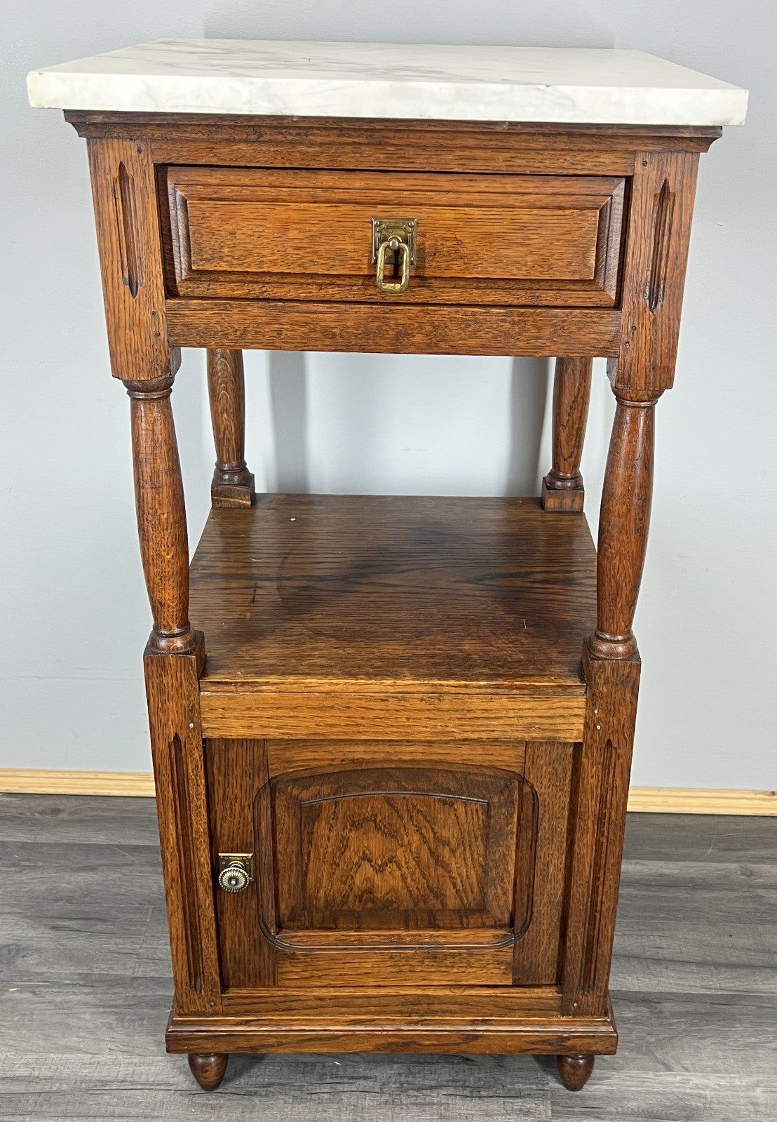 Bedside Table Antique French Oak with Marble Top Carved Cabinet LOT 43361