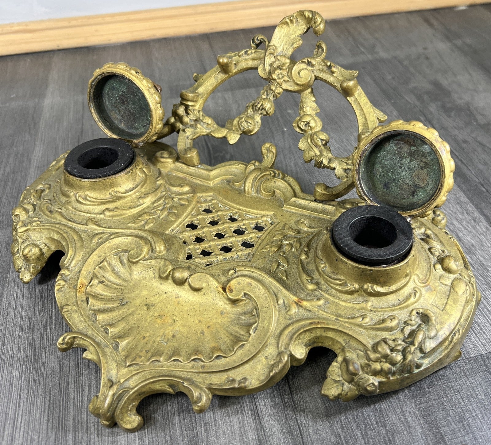 Inkwell Set Vintage French Brass Ornate Desk Stand Accessory LOT 46812