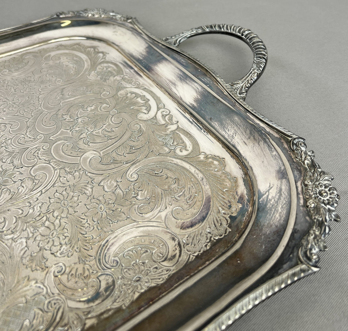 Serving Tray Vintage Metal Ornate Engraved Twin Handle English Tray LOT 6444