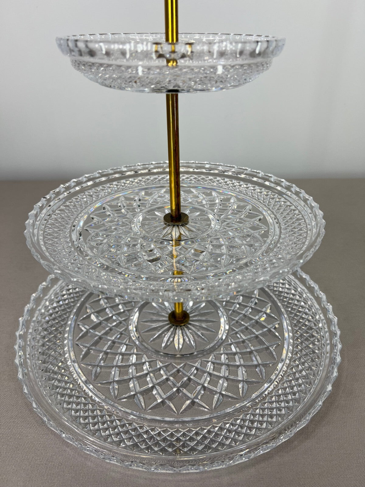 Cake Stand Vintage French Crystal Three Tier Serving Stand Brass Handle LOT 36002