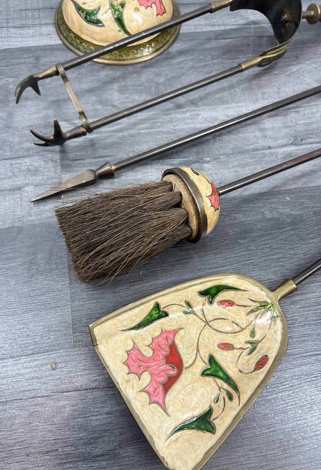 Fireplace Set Vintage French Hand Painted 5-Piece Brass Tool Stand LOT 44169