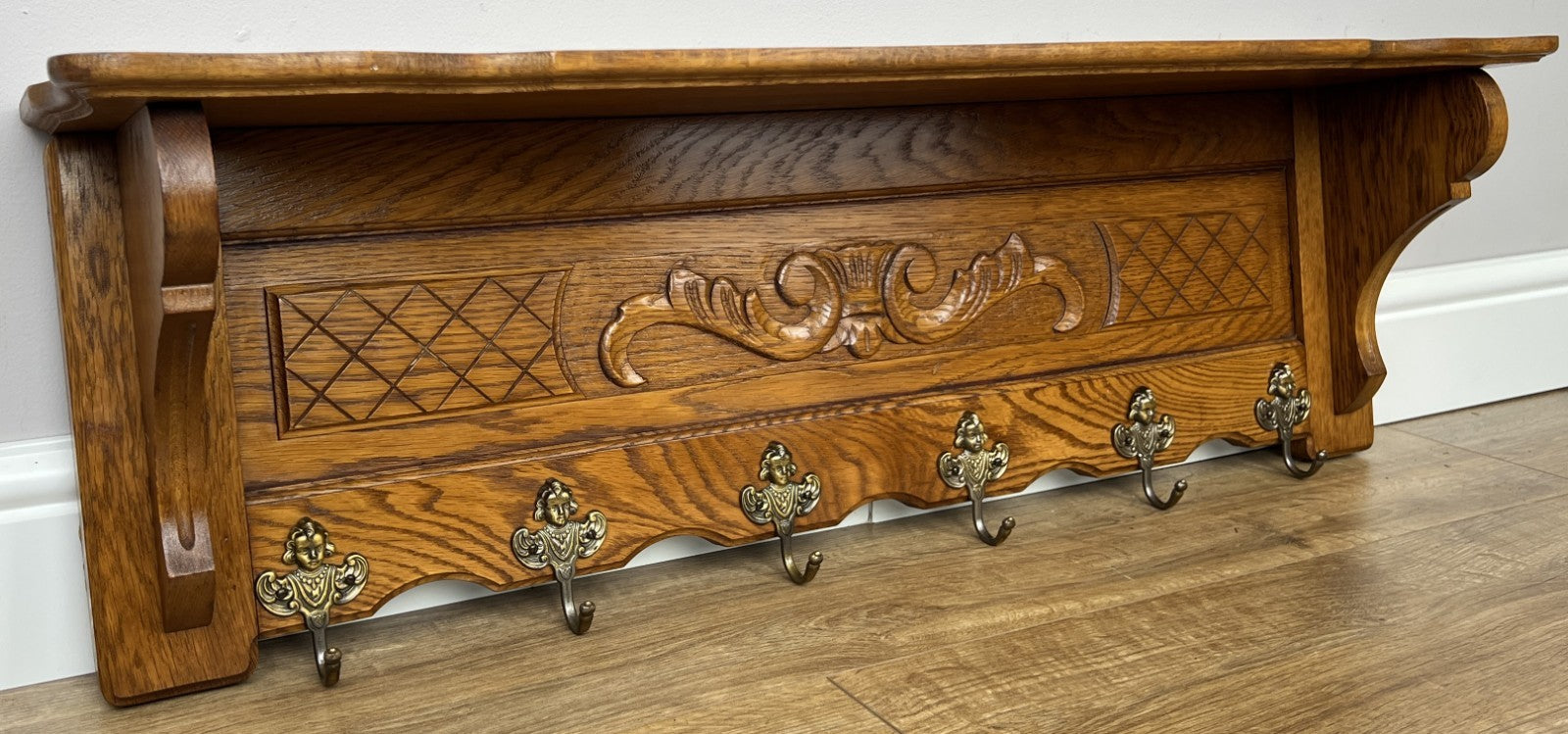Coat Rack Vintage French Oak Wall Mounted 6 Hooks Carved Rack Hanger LOT 62092