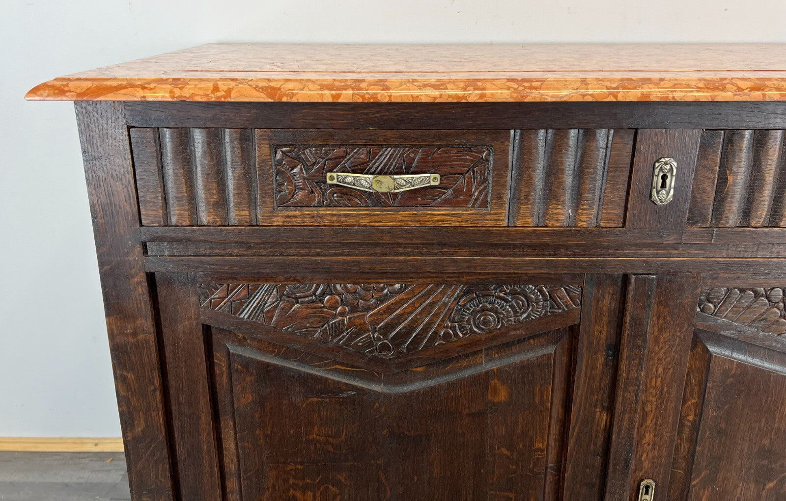Sideboard Antique French Oak Marble Top Carved Two Door Cabinet LOT 22273