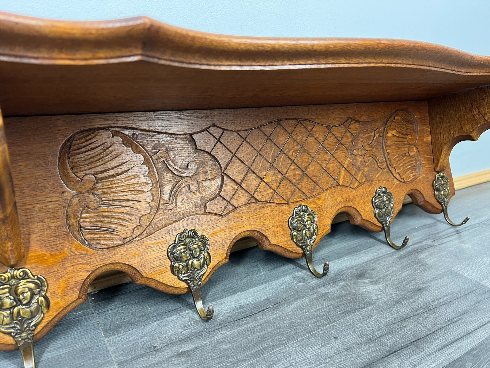 French Vintage Coat Rack Oak 5 Hooks Wall Shelf Carved Coat Hanger LOT 44363