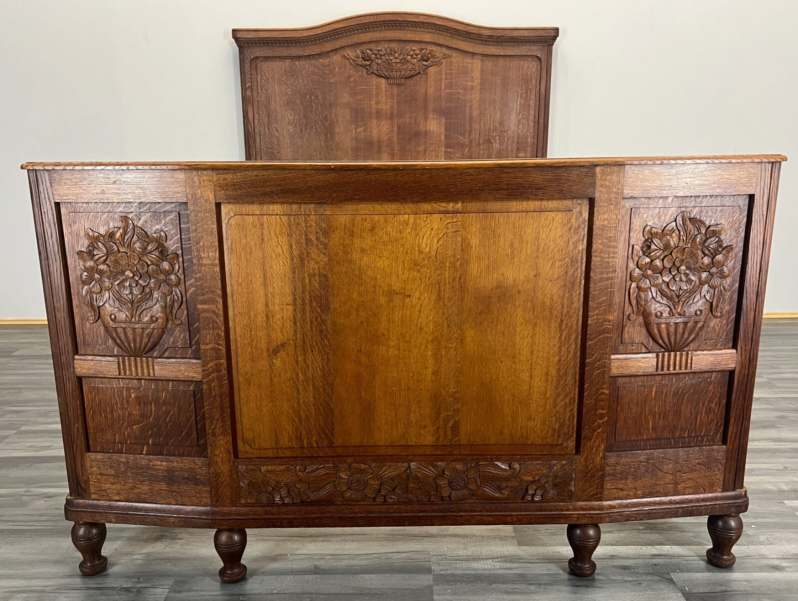 Bed Antique French Style Oak Double Bed Frame Carved Headboard LOT 27622