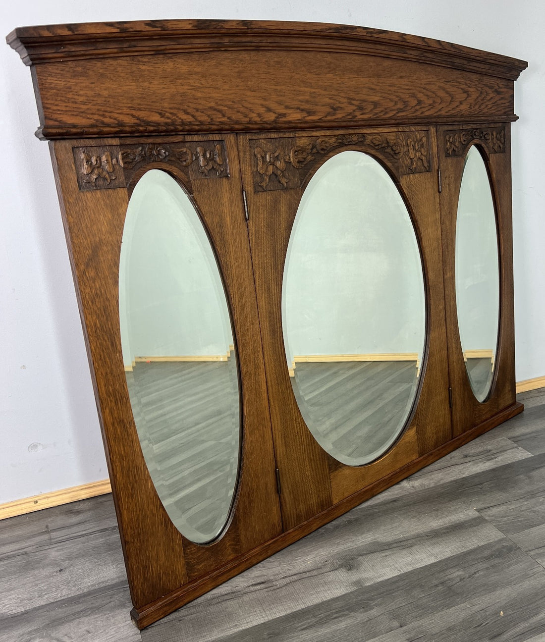 Antique French Style Carved Oak Wall Mirror Triple Panel Wall Frame LOT 48170