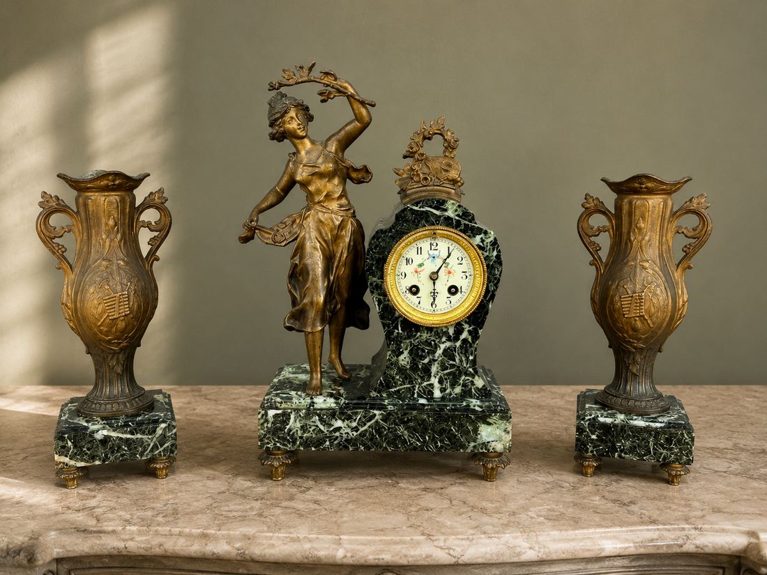 Clock Vintage French Style Marble Clock Figurine Garniture Set LOT 6061