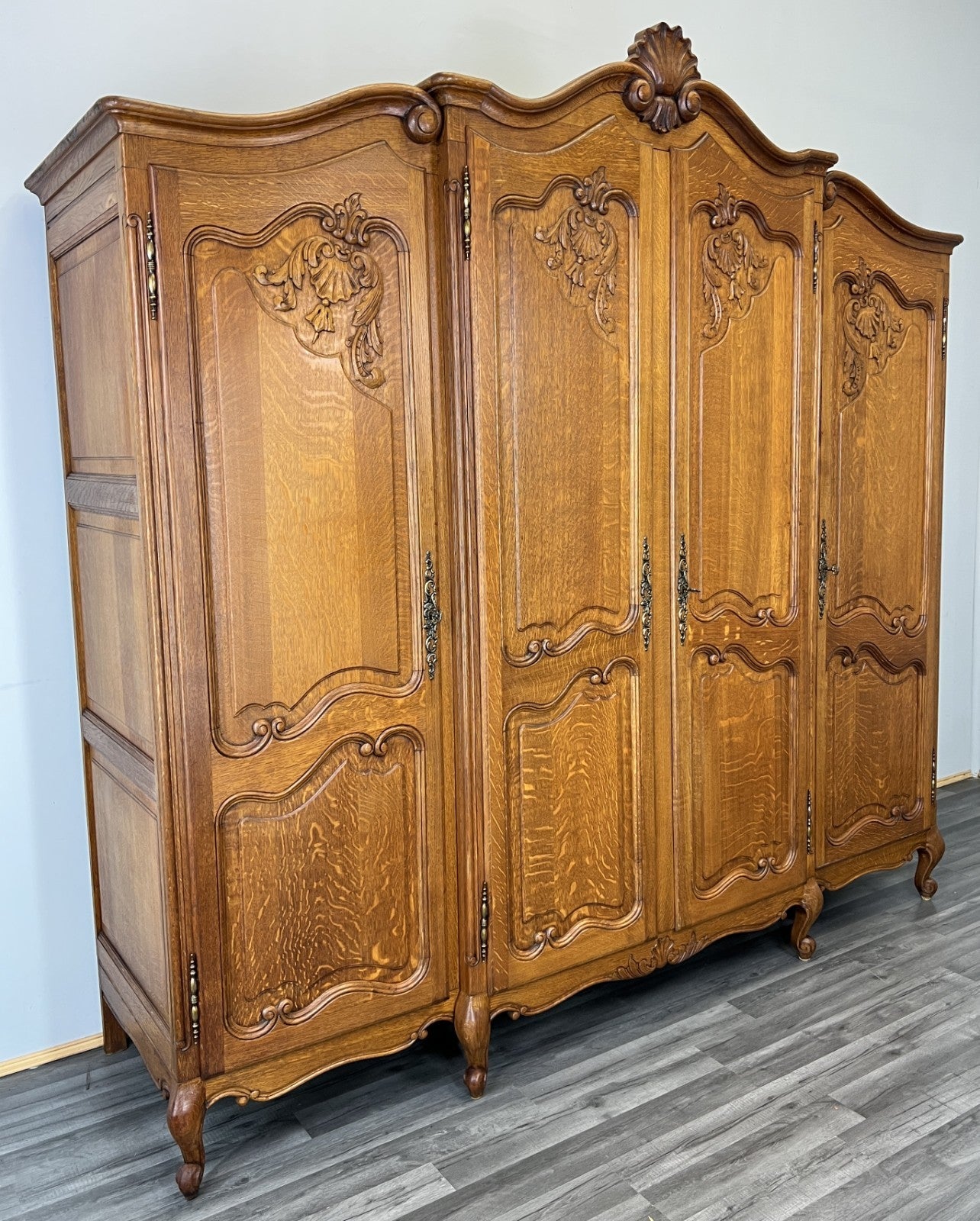 Wardrobe Vintage French Louis XVI Style Oak Four Door Armoire LOT 48151