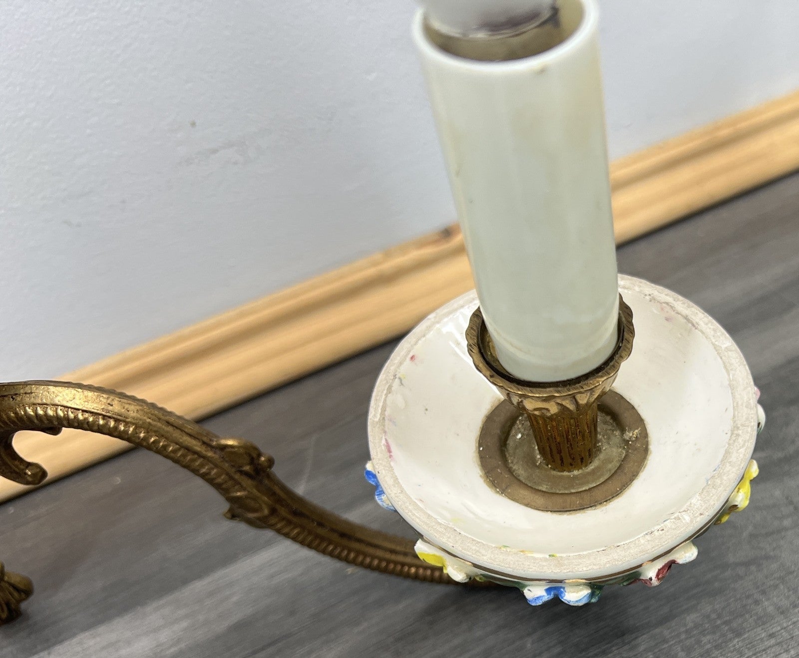 Pair of Wall Lights Vintage Spanish Porcelain Brass Floral Sconces LOT 44148