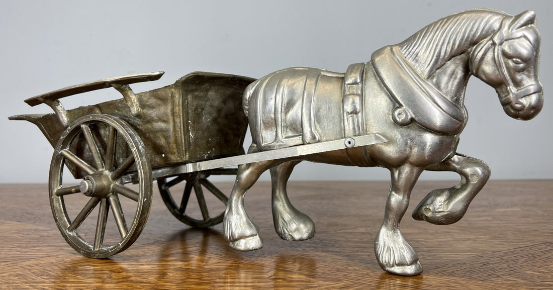 Figurine Horse Cart Vintage Style Metal Horse Drawn Wagon Sculpture LOT 46780