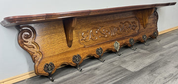 French Vintage Coat Rack Oak 7 Hooks Wall Shelf Carved Coat Hanger LOT 44920