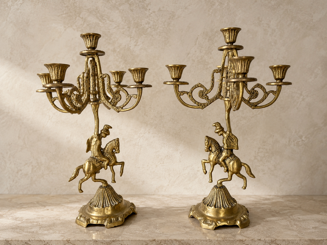 Candelabra Set Vintage Brass Horse Rider Ornate Candle Holders LOT 4028