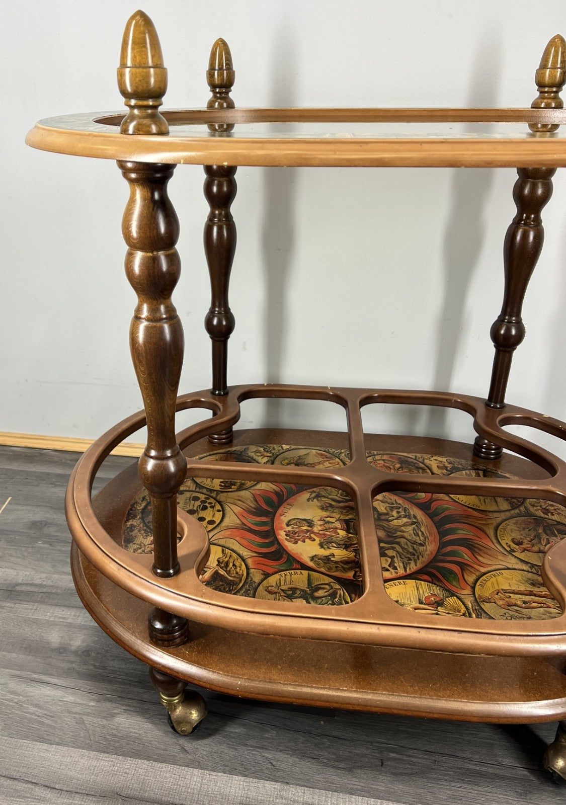 Bar Cart Vintage French Zodiac Drinks Trolley Glass Top Serving Table LOT 43945