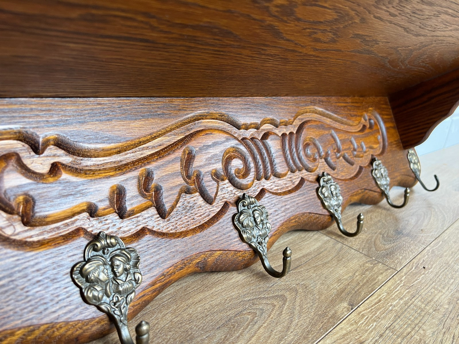 Coat Rack Vintage French Carved Oak Wall Mounted 6 Hooks Rack Hanger LOT 63686