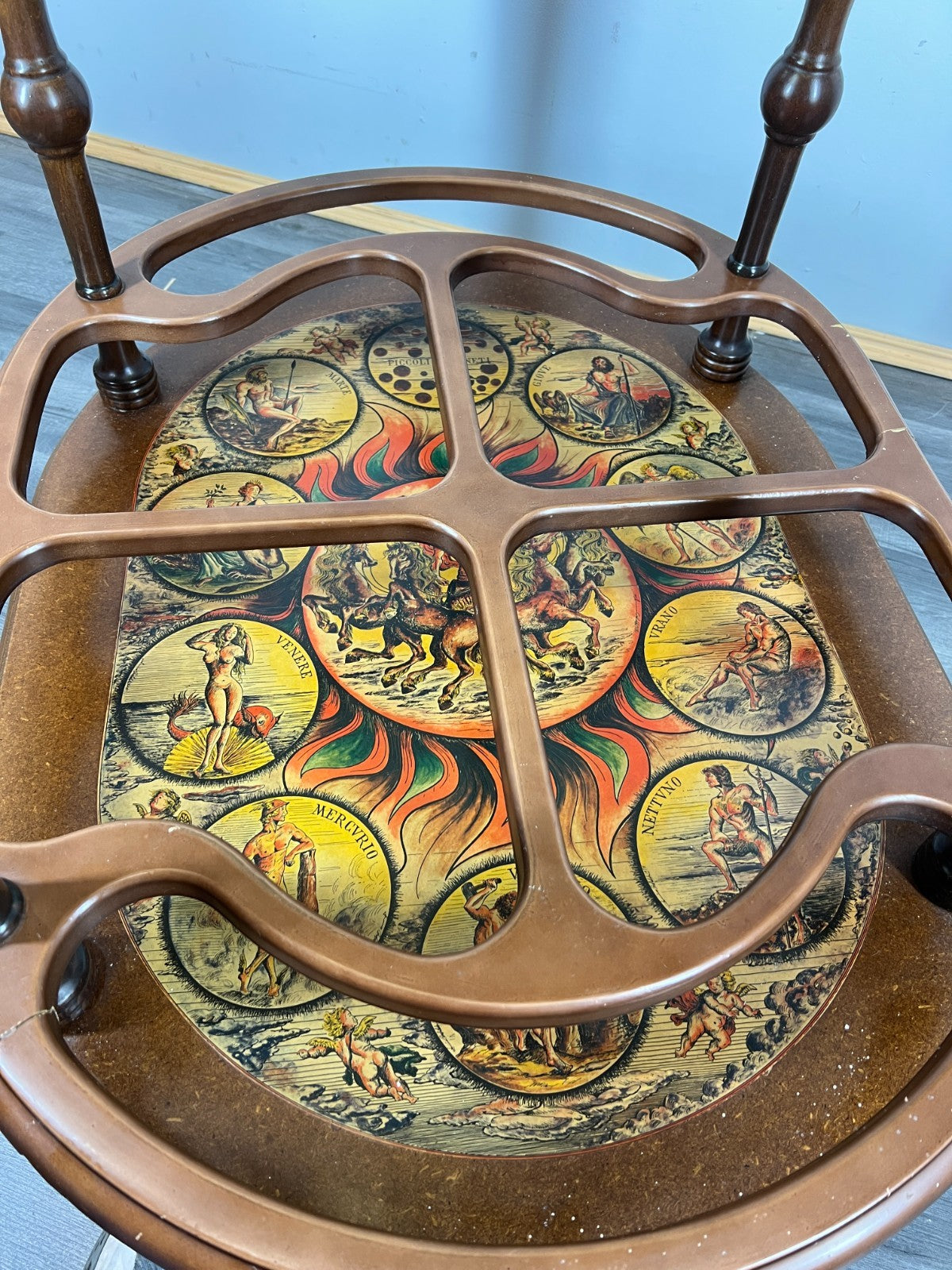 Bar Cart Vintage French Zodiac Drinks Trolley Glass Top Serving Table LOT 43948