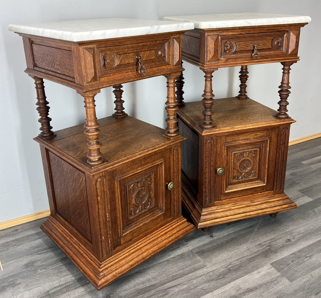 Pair of Bedside Tables Antique French Marble Top Oak Cabinets Carved LOT 43290