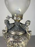 Lamp Antique Style Pewter Angel Table Lamp Pleated Glass Shade LOT 51698