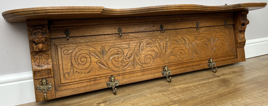 Coat Rack Antique French Carved Oak Wall Mounted 9 Hooks Rack Hanger LOT 62920