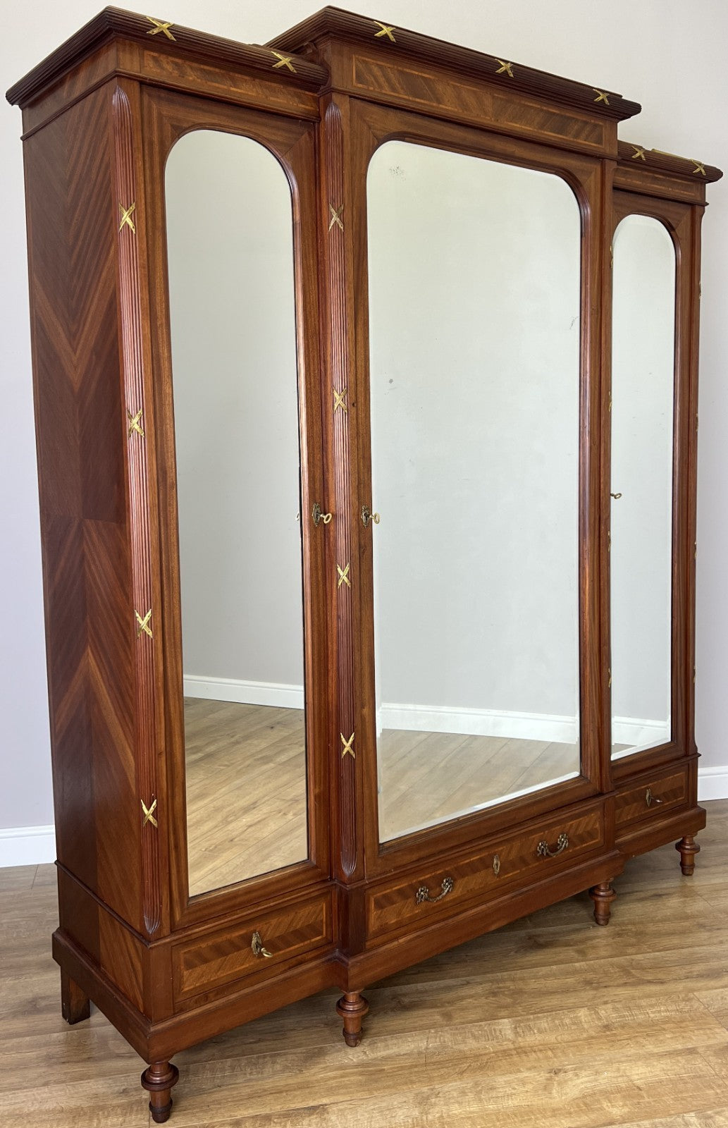 Wardrobe Antique French Style Three Door Inlaid Burr Mirrored Armoire LOT 61630