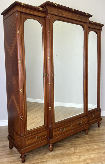Wardrobe Antique French Style Three Door Inlaid Burr Mirrored Armoire LOT 61630