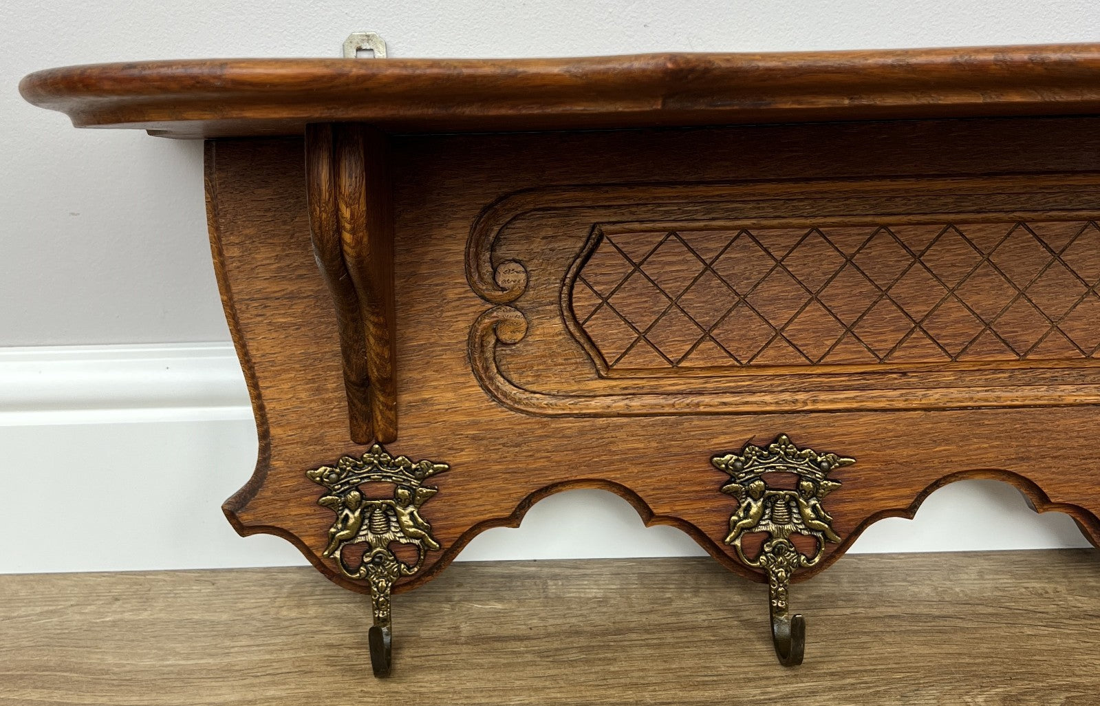 Coat Rack Vintage French Oak Wall Mounted 6 Hooks Carved Rack Hanger LOT 62063