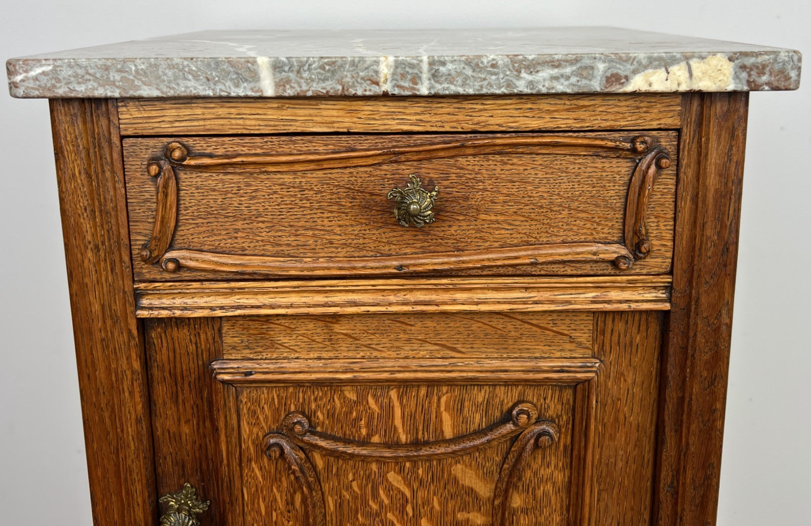 Bedside Table Antique French Marble Top Oak Cabinet Carved Cupboard LOT 63944