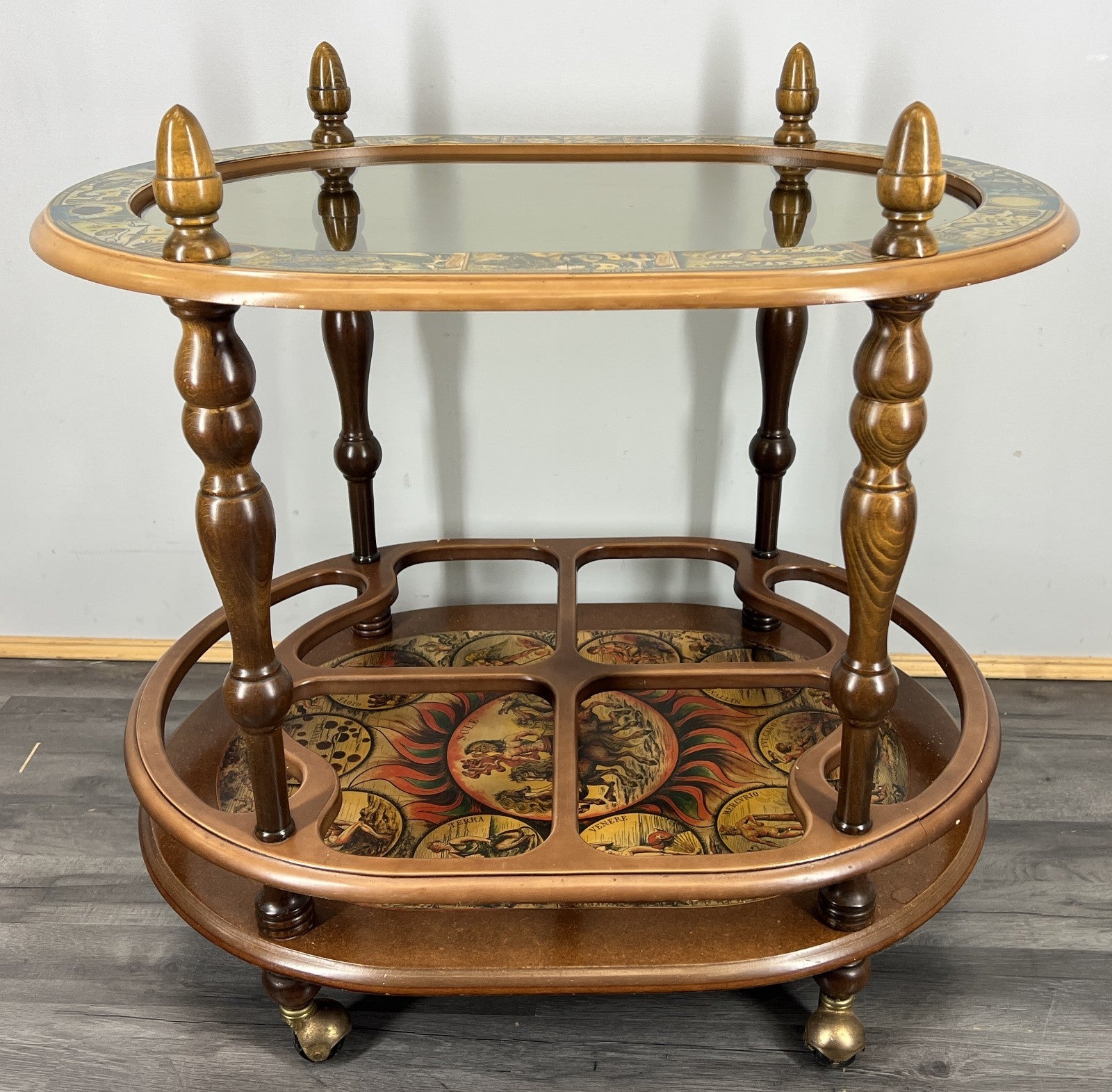 Bar Cart Vintage French Zodiac Drinks Trolley Glass Top Serving Table LOT 43941