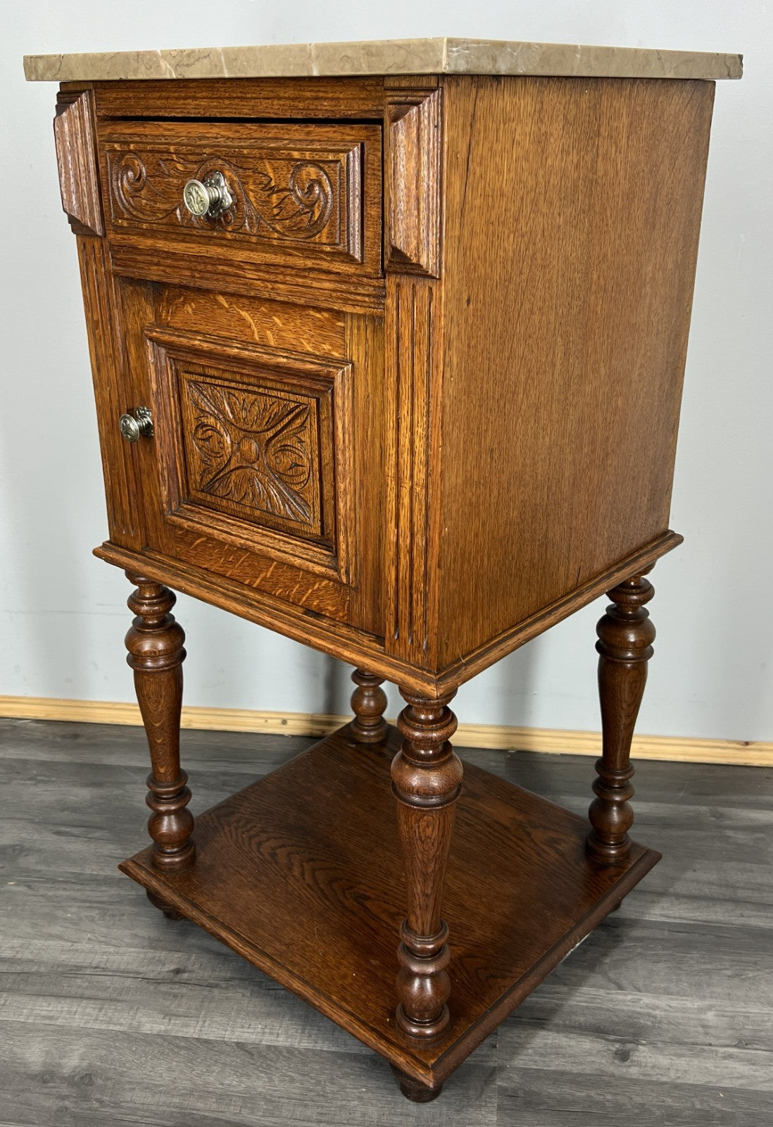 Bedside Table Antique French Oak with Marble Top Carved Cabinet LOT 43331