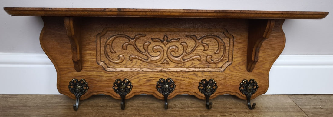 French Vintage Coat Rack Oak 5 Hooks Wall Shelf Carved Coat Hanger LOT 60050